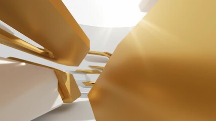 Dynamic abstract geometric forms in white and gold metallic, illuminated by bright overhead light, creating a clean, elegant, and luxurious modern design backdrop with sophisticated reflections - Powered by Adobe