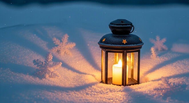 Lantern glows warmly in the snow illuminating snowflakes on a cold winter night creating a peaceful and magical holiday atmosphere outdoors