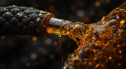 Close-up macro shot of a thick, dark rope being saturated with a viscous, amber liquid, creating a dramatic and textured effect with water droplets and a blurred background