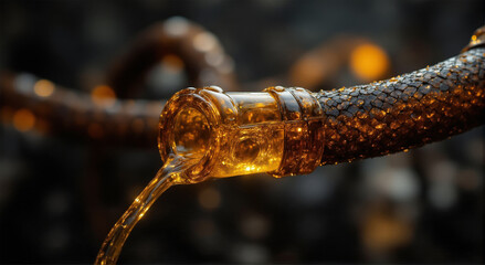 Close-up of golden liquid pouring from a rusted pipe, showcasing texture and detail