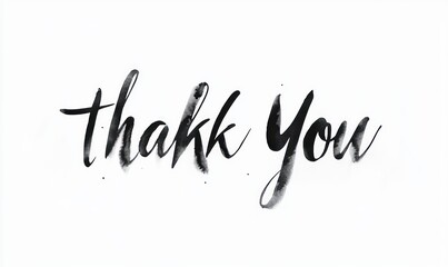 black brush script calligraphy saying thank you on a white background with ink splatters, elegant handwritten message conveying gratitude and appreciation