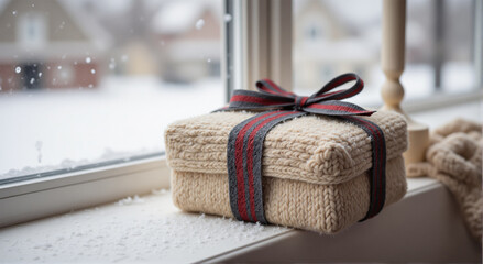 Winter Gift Box on a Snowy Window Sill A Cozy Holiday Scene