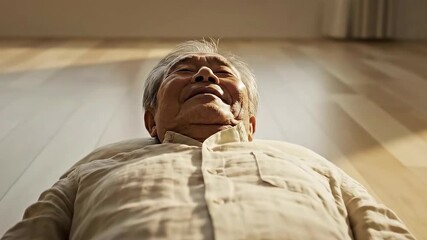 Peaceful Elderly Asian Man Lying on Floor Enjoying Sunlight Relaxation