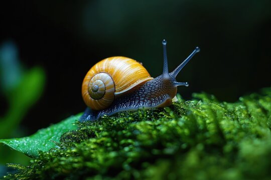 close-up of a small snail with a bright yellow spiral shell crawling across wet green moss on a leaf, serene and peaceful mood