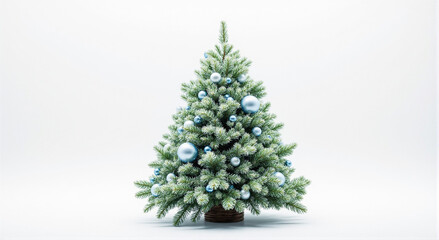 A regal and festive Christmas tree adorned with shimmering blue and silver ornaments, isolated on a clean white background for the winter holidays