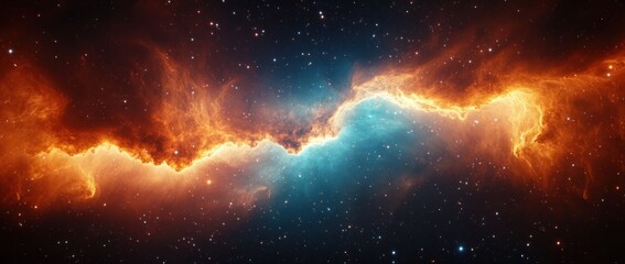 Fototapeta premium fiery orange nebula meeting cool blue gas cloud across a star-filled cosmic expanse, evoking awe and mysterious serenity