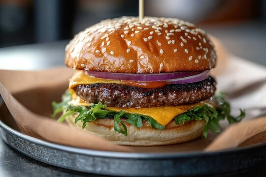 Juicy cheeseburger with sesame seed bun, melted cheddar, grilled beef patty, red onion rings and fresh arugula on a parchment-lined metal tray, mouthwatering and indulgent - Powered by Adobe