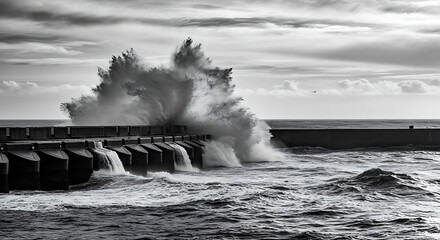 Large wave crashing against a pier in a black and white ocean seascape with cloudy skies above the water