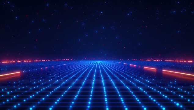vast neon blue grid floor stretching to a distant horizon under a starry night sky with glowing orange light bars, futuristic retro atmosphere of wonder and anticipation