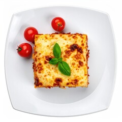 Square white plate holds a portion of lasagna.  Melted cheese topping.  Fresh basil garnish.  Small cherry tomatoes beside