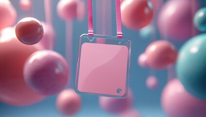 pink square badge in clear plastic holder on pink lanyard floating among glossy pink and teal spheres in a dreamy soft-focus scene, playful and serene