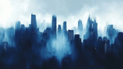 misty blue city skyline of towering skyscrapers and silhouetted buildings emerging from fog, moody mysterious and ethereal atmosphere