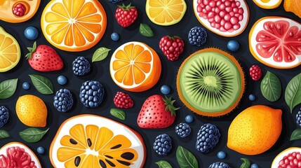 vibrant assortment of citrus slices, kiwi halves, strawberries, blackberries, blueberries, raspberries, pomegranate seeds, whole lemons and green leaves on dark background, fresh and cheerful