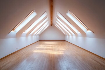 Obraz premium Empty airy attic loft with symmetrical skylights, exposed wooden beam and warm hardwood floor bathed in soft sunlight, minimalist serene and peaceful interior