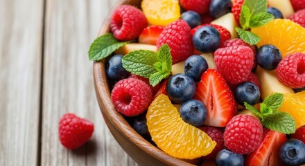 Obraz premium Vibrant bowl of fresh mixed berries and citrus fruits garnished with mint leaves