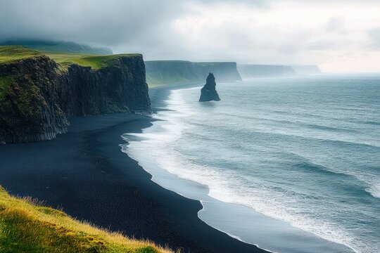 Moody misty coastline with towering basalt cliffs, black sand beach, solitary sea stack and calm rolling waves conveying tranquil solitude - Powered by Adobe