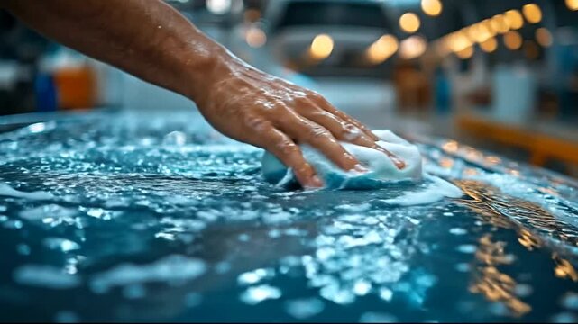 Hand washing a car with soap and water in garage
