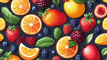 Vibrant fresh fruit composition with strawberries, orange slices and wedges, blackberries, raspberries, blueberries, pomegranate halves and green leaves, cheerful and juicy