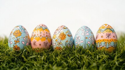 Fototapeta premium Five hand-painted pastel eggs with floral patterns arranged on green grass conveying a cheerful springtime mood