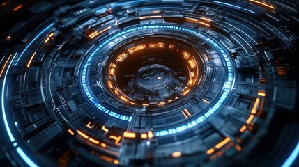 Futuristic metallic circular core with concentric rings and glowing blue and orange lights, a mechanical energy hub radiating intense mysterious high tech atmosphere