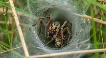 A close up of a funnel web spider in its web tunnel surrounded by green grass and dry plant stalks