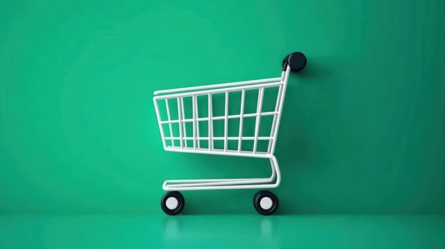 Minimal white shopping cart with black wheels standing empty against a smooth teal background, conveying a clean modern commercial mood
