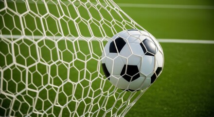 Realistic photograph capturing a soccer ball nested within the net of a goal on a verdant field, symbolizing sports victory and athletic prowess