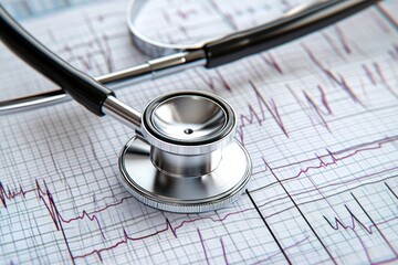 close-up of metal stethoscope chest piece resting on printed electrocardiogram paper with heartbeat traces conveying clinical focus and concern