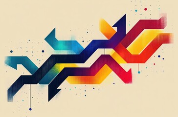 colorful overlapping angular arrows and zigzag bands with gradient texture and paint splatter on a beige background conveying dynamic motion and energetic optimism