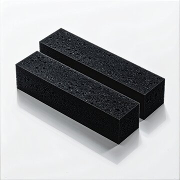 Two parallel black rectangular blocks, textured with a rough, pitted surface, lie side-by-side on a light background