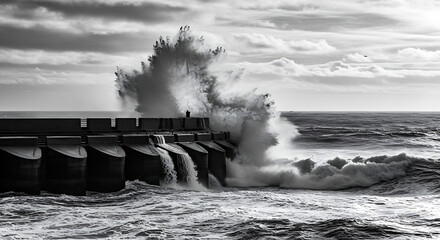 Large wave crashing against a pier with a person standing on top in a black and white photograph