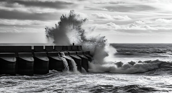 Large wave crashing against a pier with a person standing on top in a black and white photograph