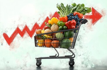 shopping cart overflowing with colorful fresh fruits and vegetables and a bold red upward arrow suggesting rising prices and concern