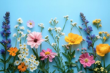 assorted colorful wildflowers including pink daisies, yellow poppies, orange blooms, white baby's breath and purple spires on a bright blue background, fresh and cheerful