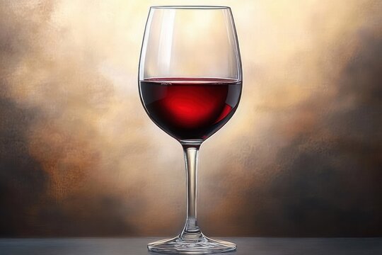 Single elegant wine glass filled with red wine on a reflective tabletop against a warm textured background, soft lighting creating a calm and contemplative mood