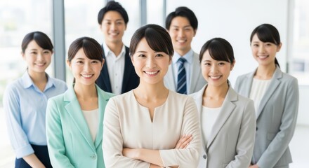 Fototapeta premium A Team of Confident Japanese Business Professionals Smiling at the Camera in a Bright Office Environment