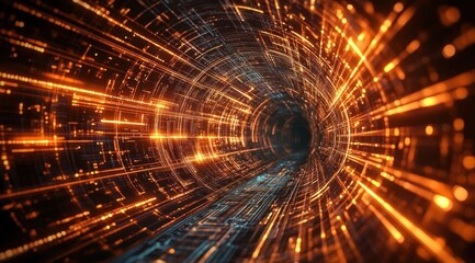 futuristic glowing data tunnel of orange light trails and circuitry conveying speed and immersive energy
