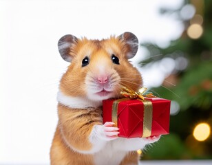 Miniature pet with holiday present isolated on white