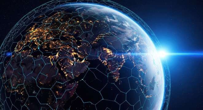 Global technology network connecting the planet with digital grid and light effect symbolizing innovation and connectivity - Powered by Adobe
