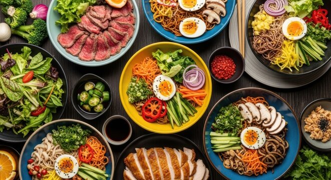 Vibrant overhead view of a delicious assortment of freshly prepared asian inspired meals
