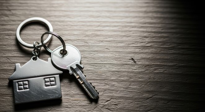 A key with a house-shaped keychain rests on a rustic wooden surface, symbolizing homeownership and real estate investments