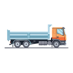 Fototapeta premium A vibrant illustration showcases a detailed side view of an orange and blue dump truck, isolated against a clean white background.