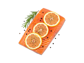 Fresh Raw Atlantic Salmon Fillet Portion Ready For Cooking Isolated On A Transparent Background Garnished With A Sprig Of Green Rosemary And Bright Yellow Lemon Slices Seasoned With Whole Bla