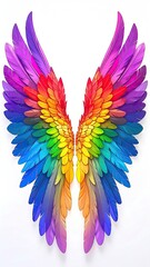 Fototapeta premium Vibrant, colorful, rainbow-hued angel wings against a plain white background. They appear meticulously crafted, with overlapping, multi-colored feathers