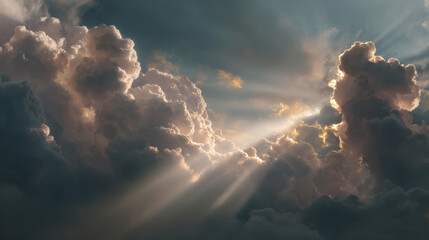 Sky with Ethereal Clouds and Sunlight Shining Gently Through the Clouds in Soft Atmospheric Light