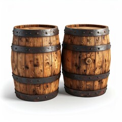 Obraz premium Two antique wooden barrels, side-by-side, on a white background. Dark metal bands encircle each barrel. Natural wood grain is visible