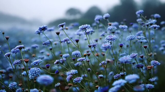 Misty morning landscape featuring a vibrant field of blue flowers with soft focus background