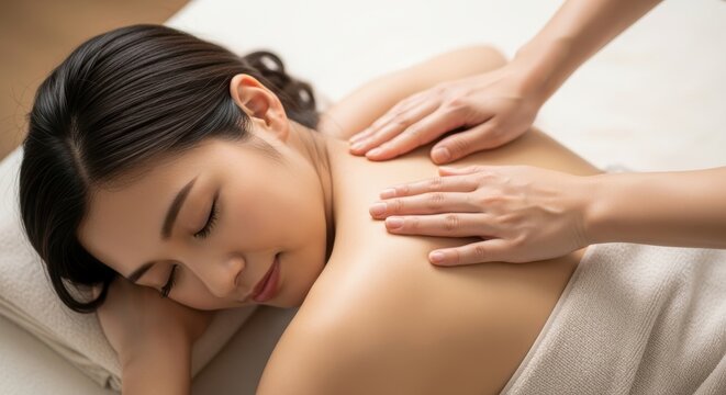 Young Asian woman with her eyes closed receiving a relaxing back massage from a therapist at a luxury spa for wellness