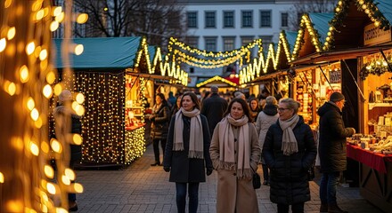 Christmas market scene with people and festive lights, vibrant holiday ambiance