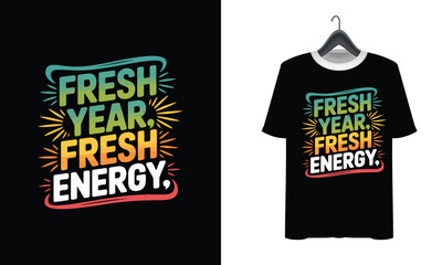 Fresh Year Fresh Energy Text Design With Colorful Rays And Stars vector illustration